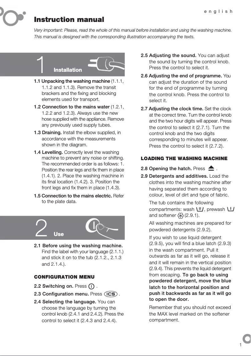 Page 1 de la notice Manuel utilisateur De Dietrich DFW 1084 WA