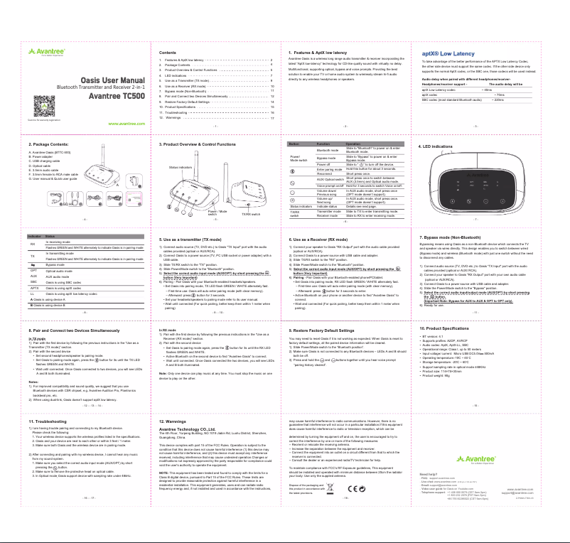 Page n°1 - Manuel utilisateur Avantree BTTC-500-W