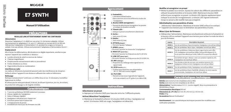 Page 1 de la notice Manuel utilisateur Mooer E7 Synth