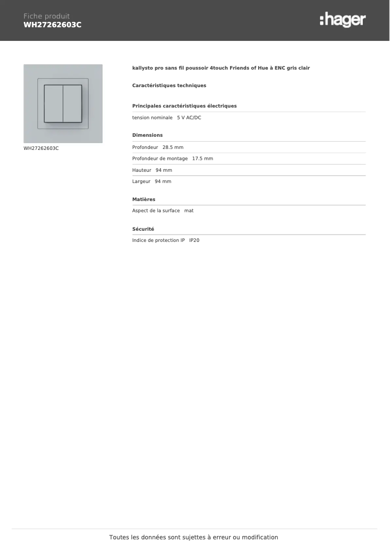 Page n°1 - Fiche technique Hager WH27262603C