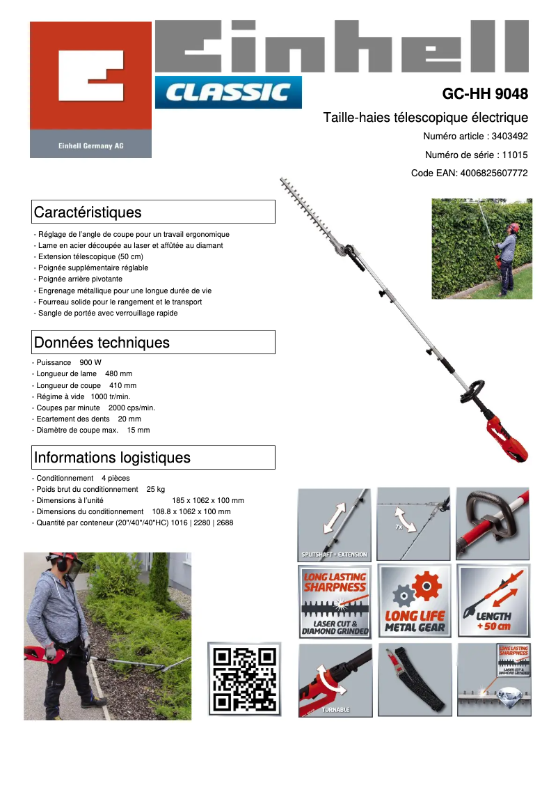 Page 1 de la notice Fiche technique Einhell GC-HH 9048