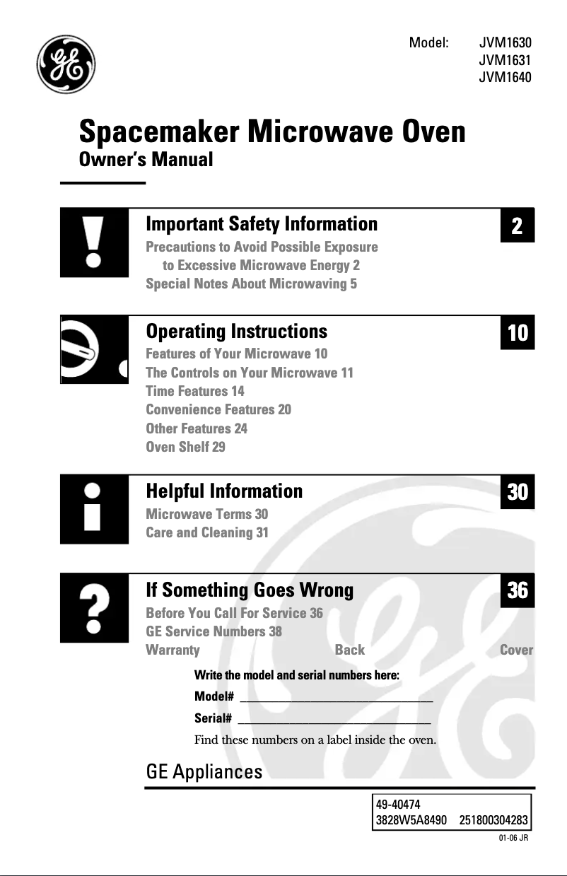 Page 1 de la notice Manuel d'utilisation et d'entretien GE JVM1630BJ