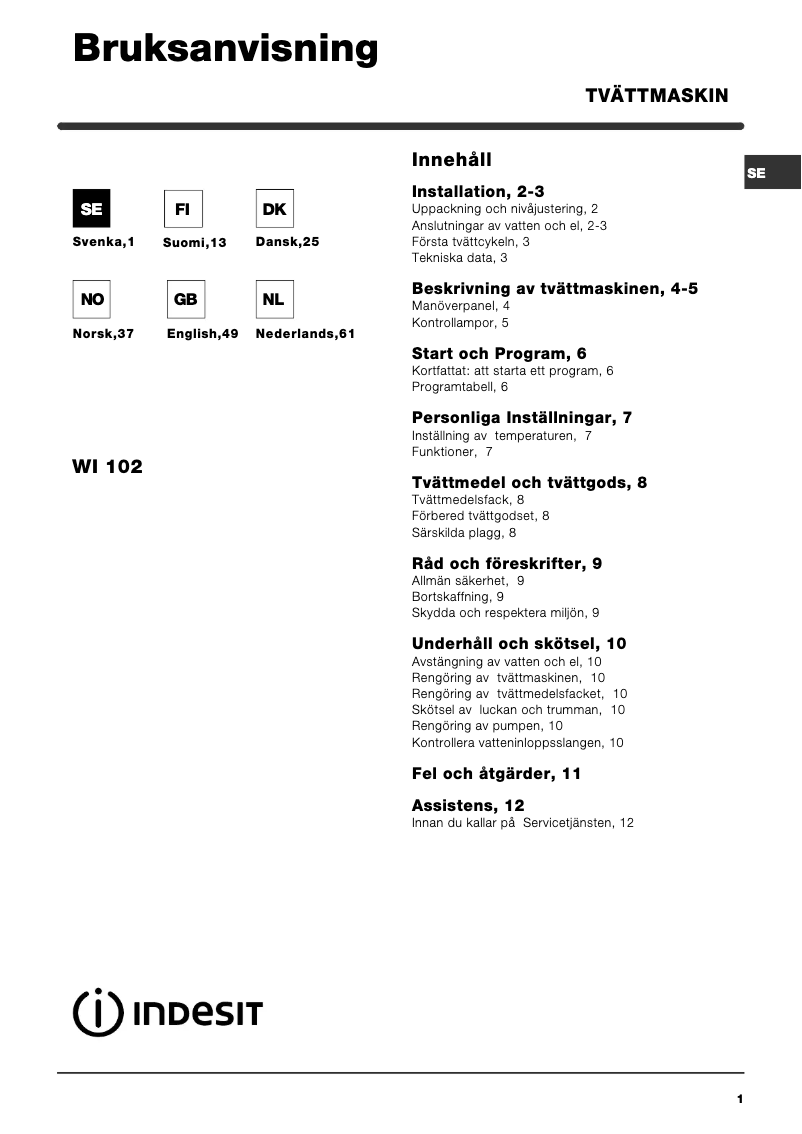 Page 1 de la notice Manuel utilisateur Indesit WI 102