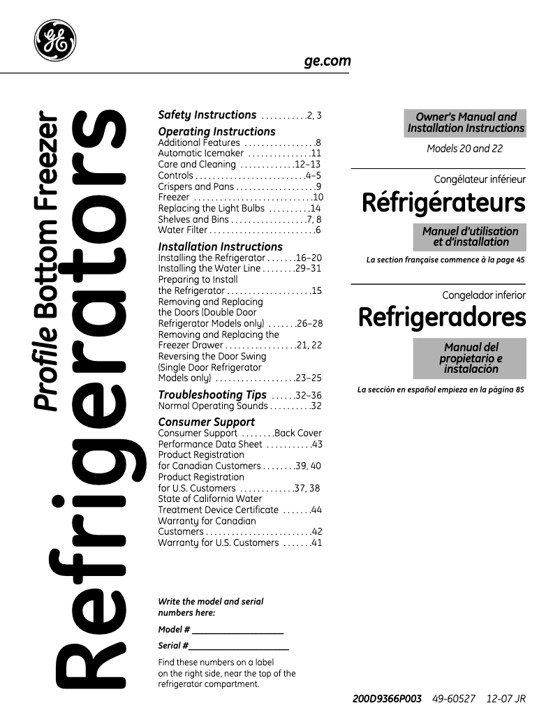 Image de la première page du manuel de l'appareil Profile PFSS2MIXSS