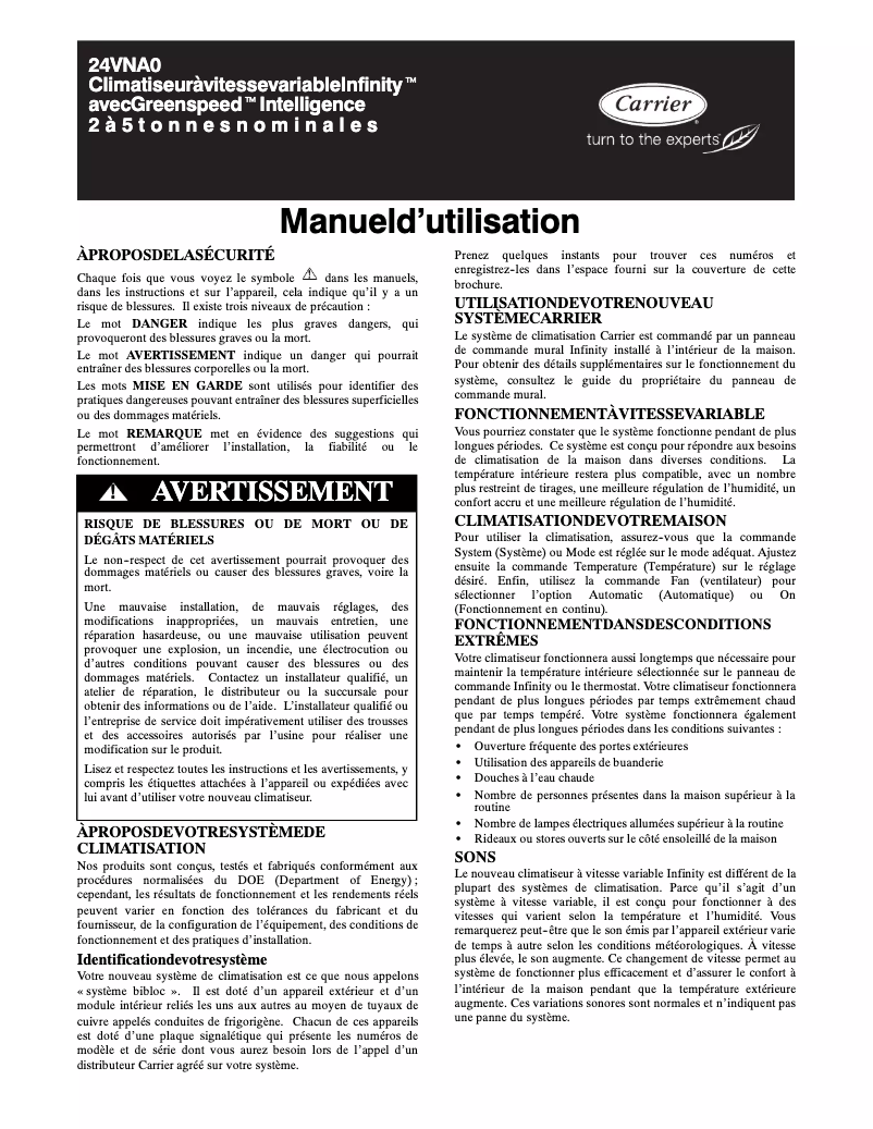 Page n°1 - Manuel utilisateur Carrier Infinity 24VNA0