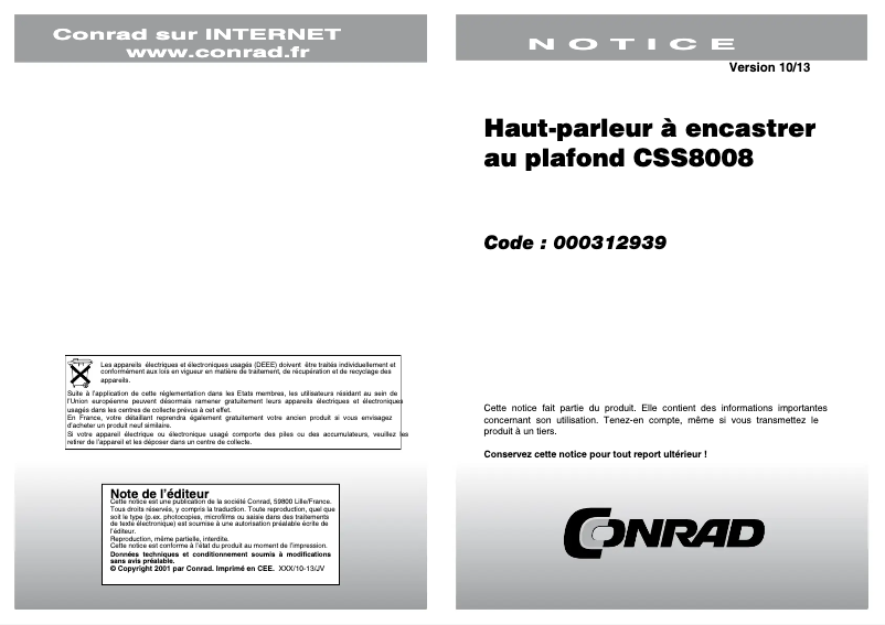 Page 1 de la notice Manuel utilisateur JBL CSS8008