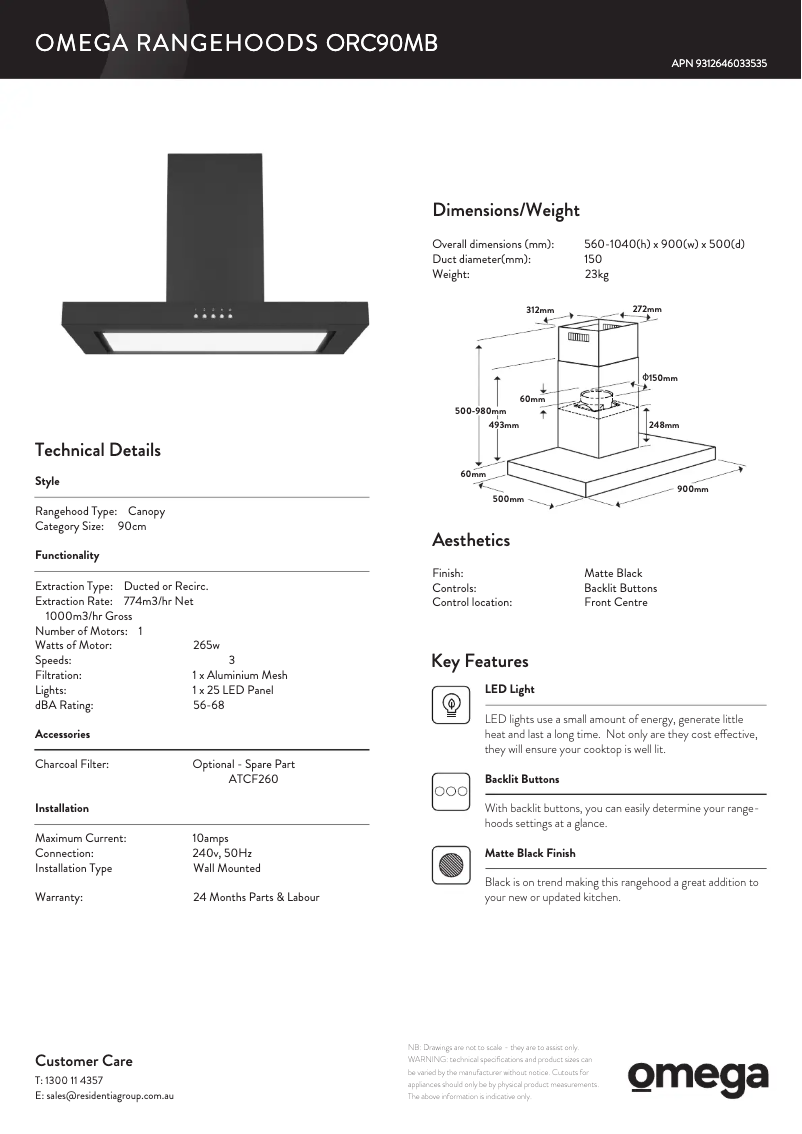 Page 1 de la notice Fiche technique Omega ORC90MB