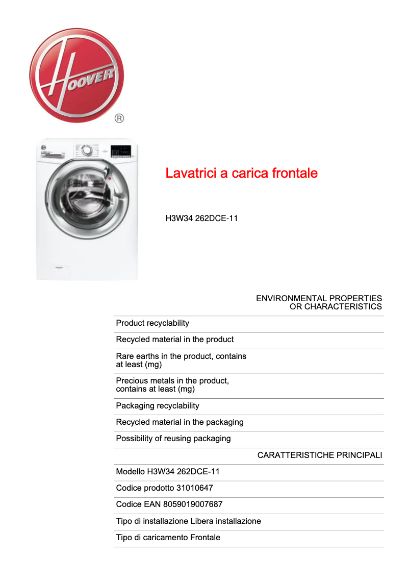 Page n°1 - Fiche technique Hoover H3W34 262DCE-11