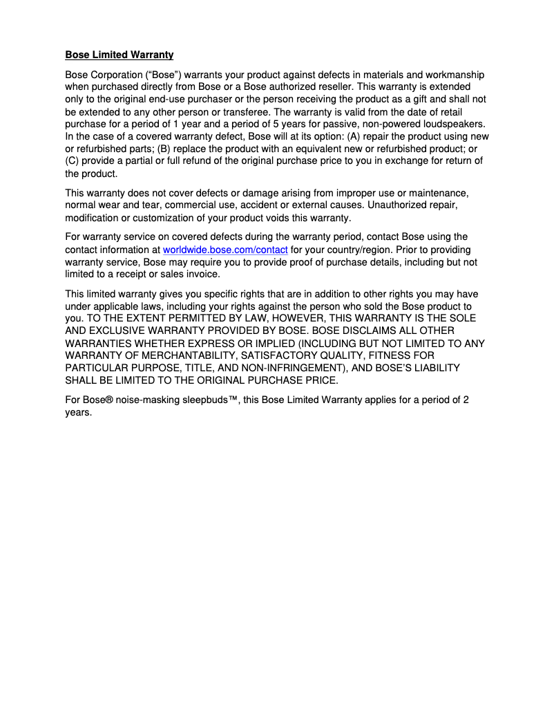 Page 1 de la notice Informations de garantie Bose Surround Speakers 700