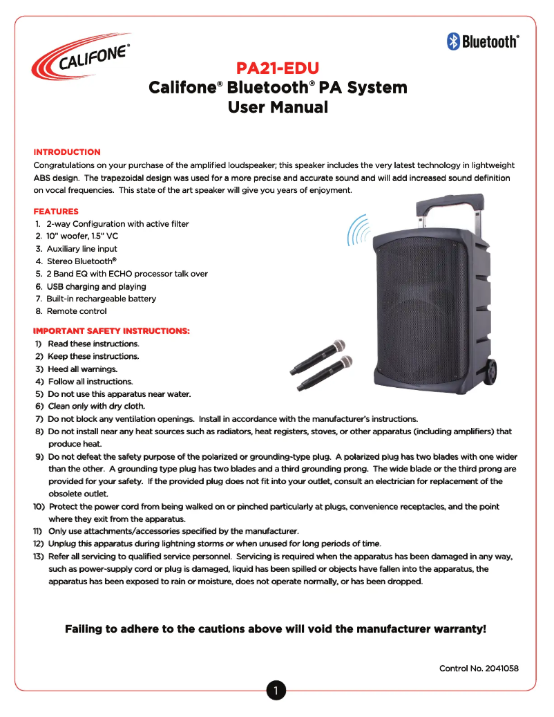 Page n°1 - Manuel utilisateur Califone PA21-EDU