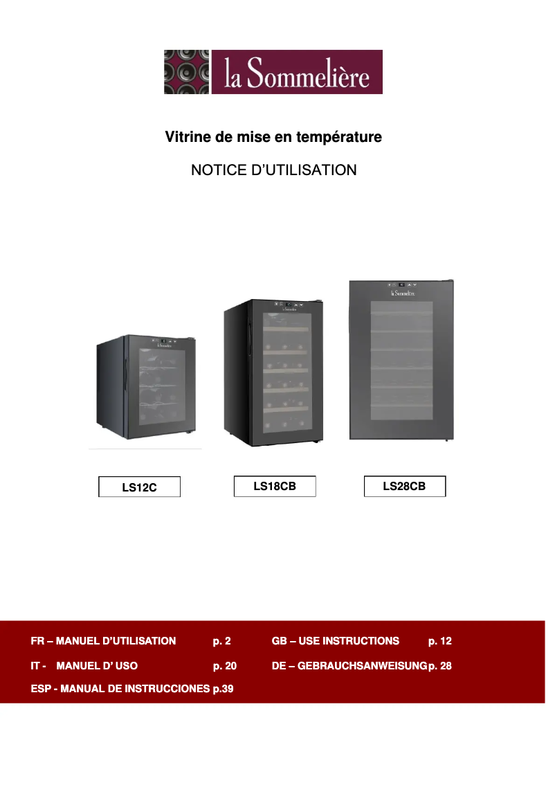 Page 1 de la notice Manuel utilisateur La Sommelière LS18CB