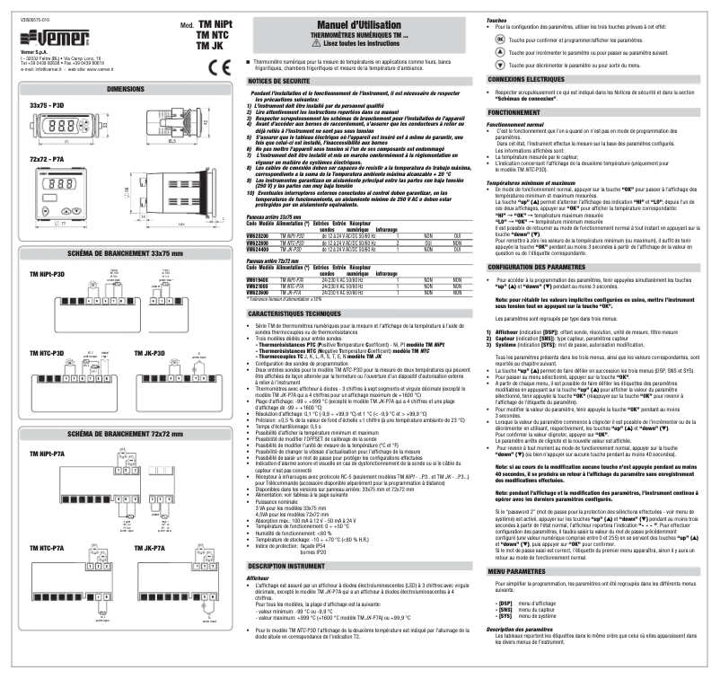 Page n°1 - Manuel utilisateur Vemer TM NTC-P3D