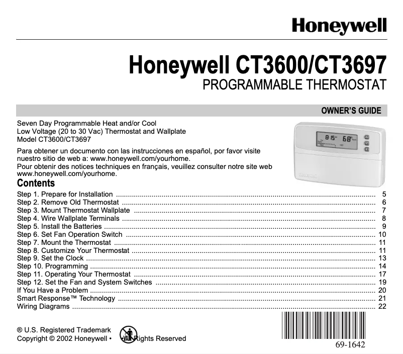 Page n°1 - Manuel utilisateur Honeywell CT3697