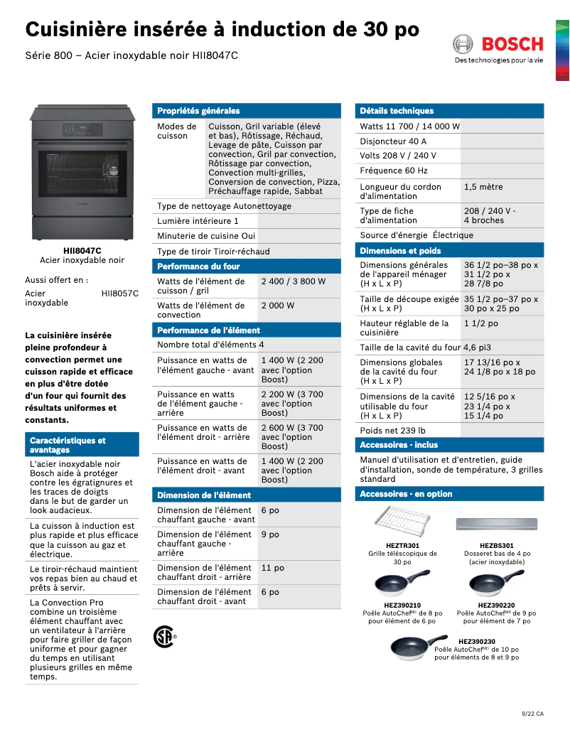 Page 1 de la notice Fiche technique Bosch HII8047C