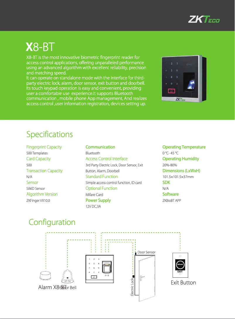 Page 1 de la notice Fiche technique ZKTeco X8-BT