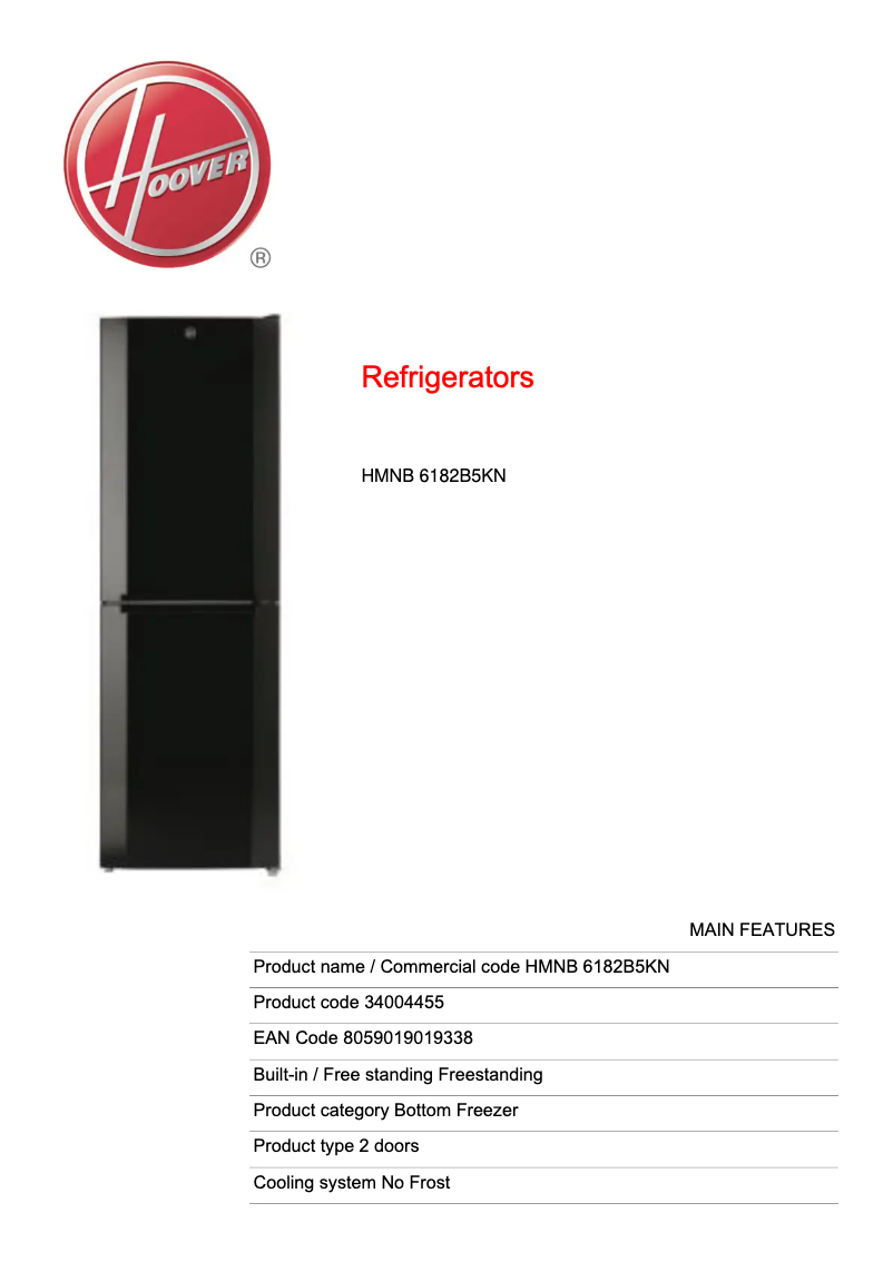 Page 1 de la notice Fiche technique Hoover HMNB 6182B5KN