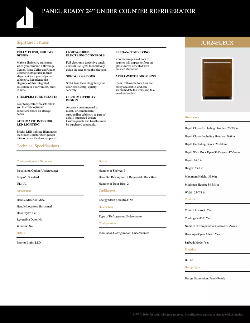 Page 1 de la notice Fiche technique JennAir JUR24FLECX