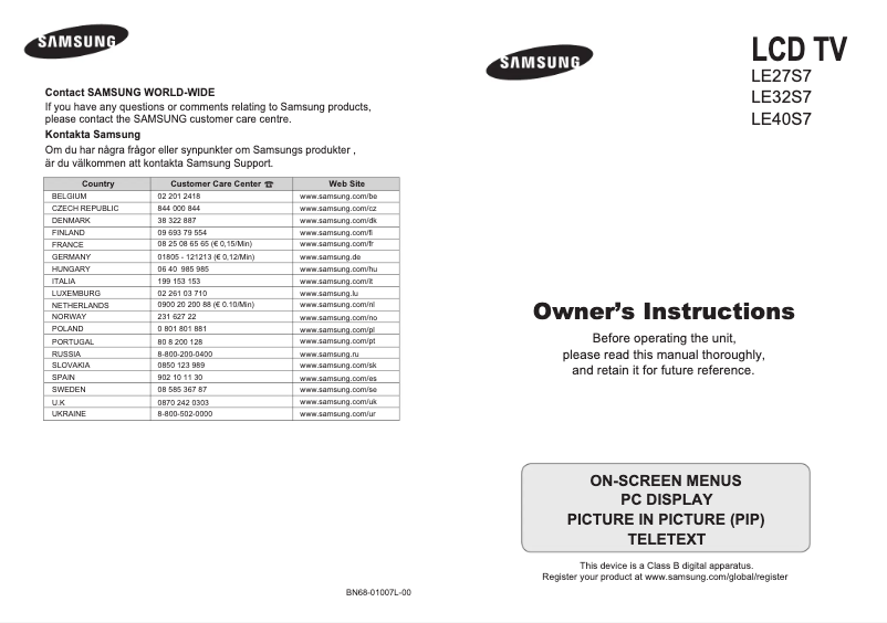 Page n°1 - Manuel utilisateur Samsung LE40S73BD