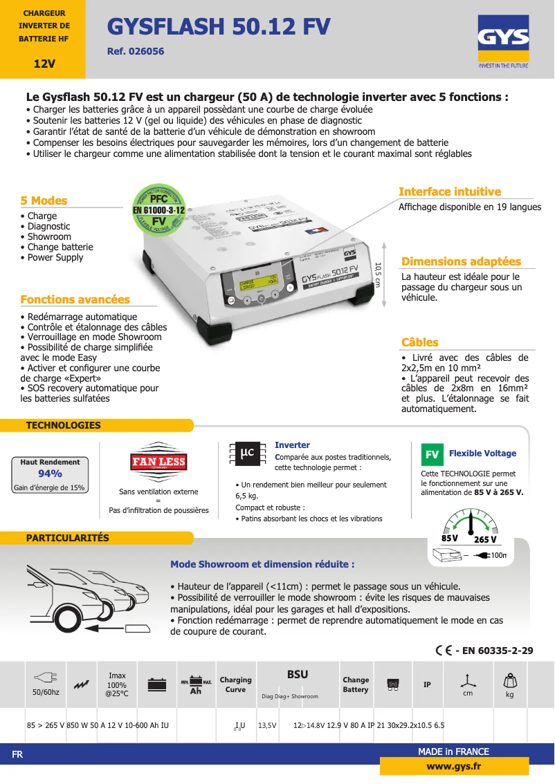 Page 1 de la notice Fiche technique GYS Gysflash 50.12 HF FV