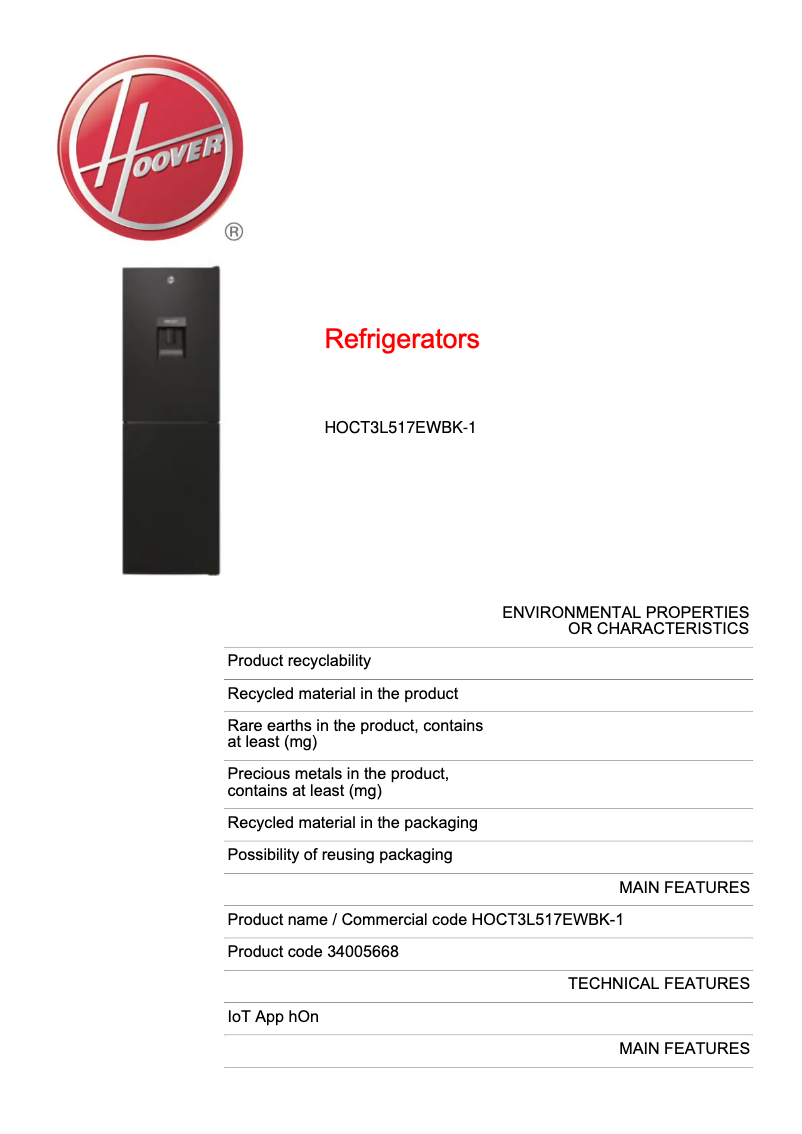 Page n°1 - Fiche technique Hoover HOCT3L517EWBK