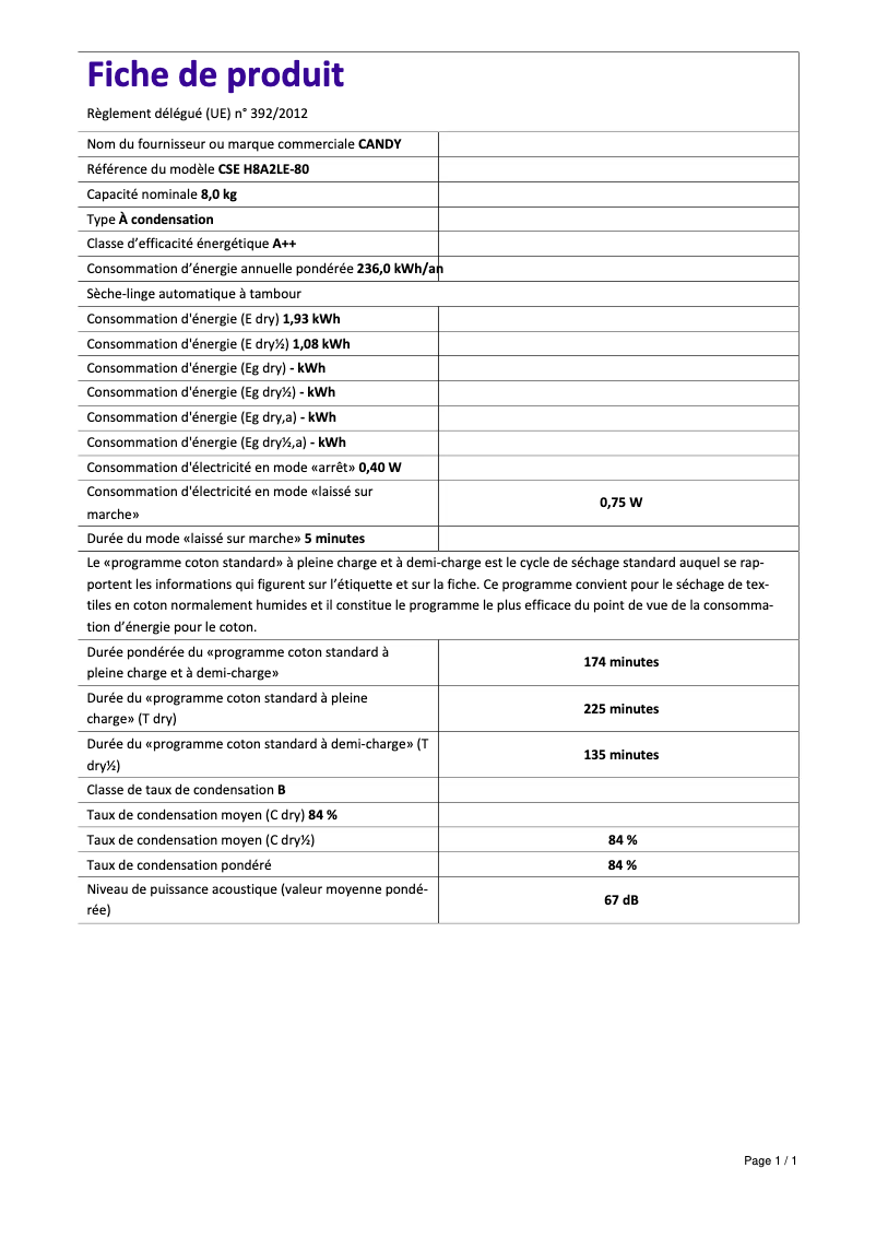 Page 1 de la notice Fiche technique Candy CSE H8A2LE-80