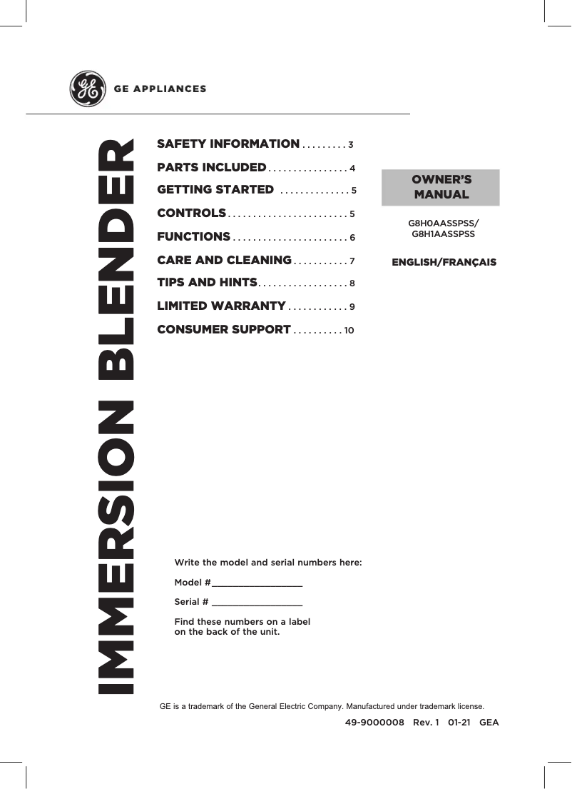 Page n°1 - Manuel utilisateur GE G8H1AASSPSS
