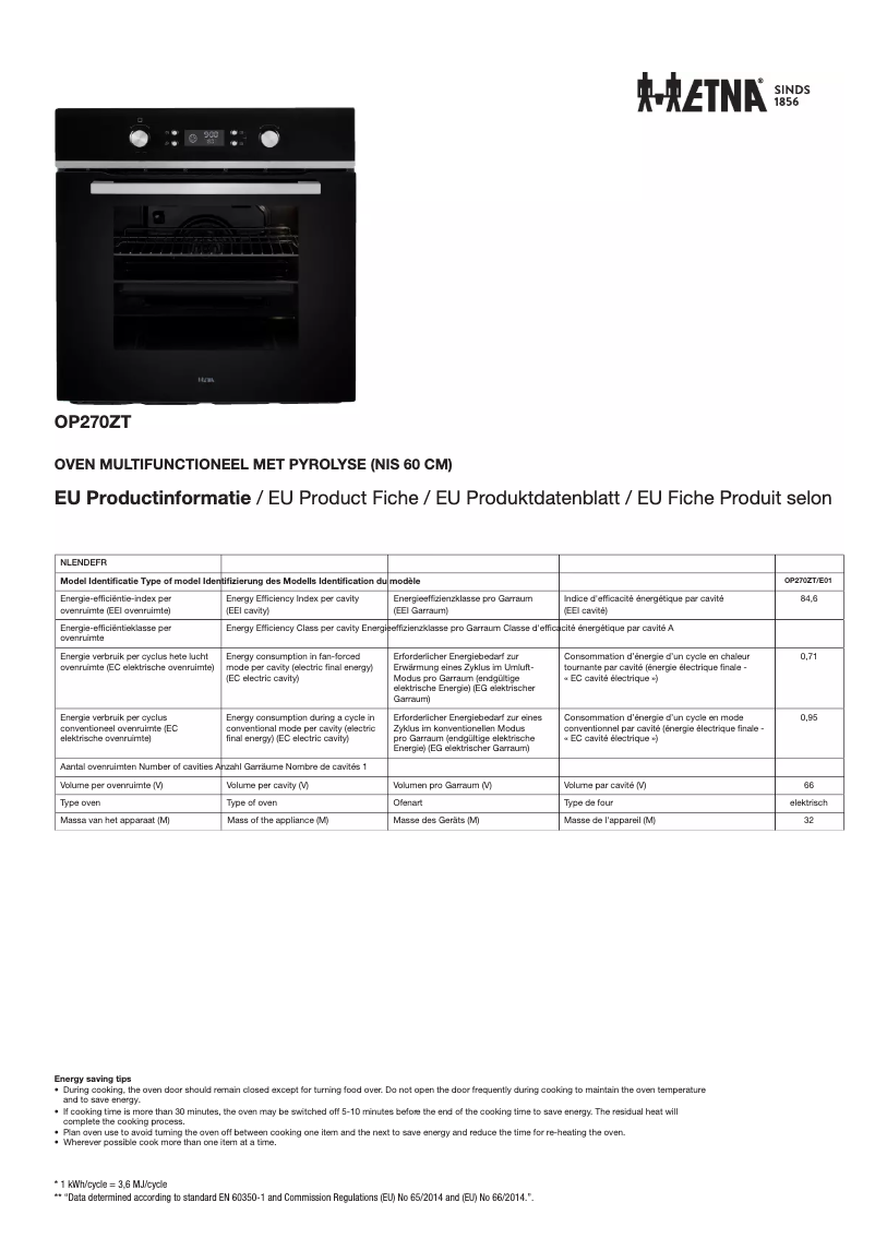Page 1 de la notice Fiche technique Etna OP270ZT
