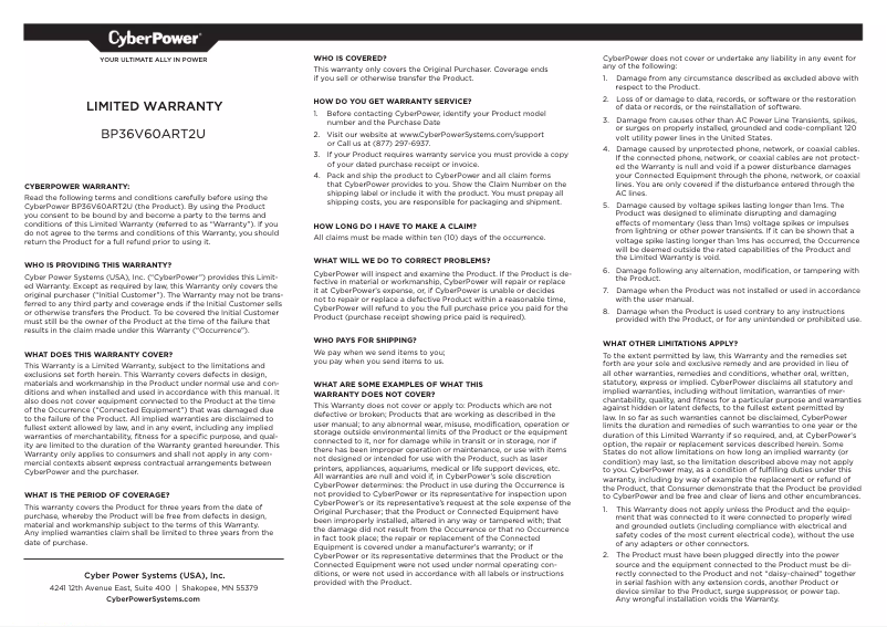 Page n°1 - Informations de garantie CyberPower BP36V60ART2U