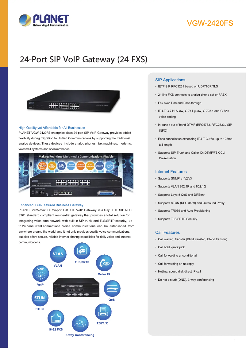 Page 1 de la notice Fiche technique Planet VGW-2420FS