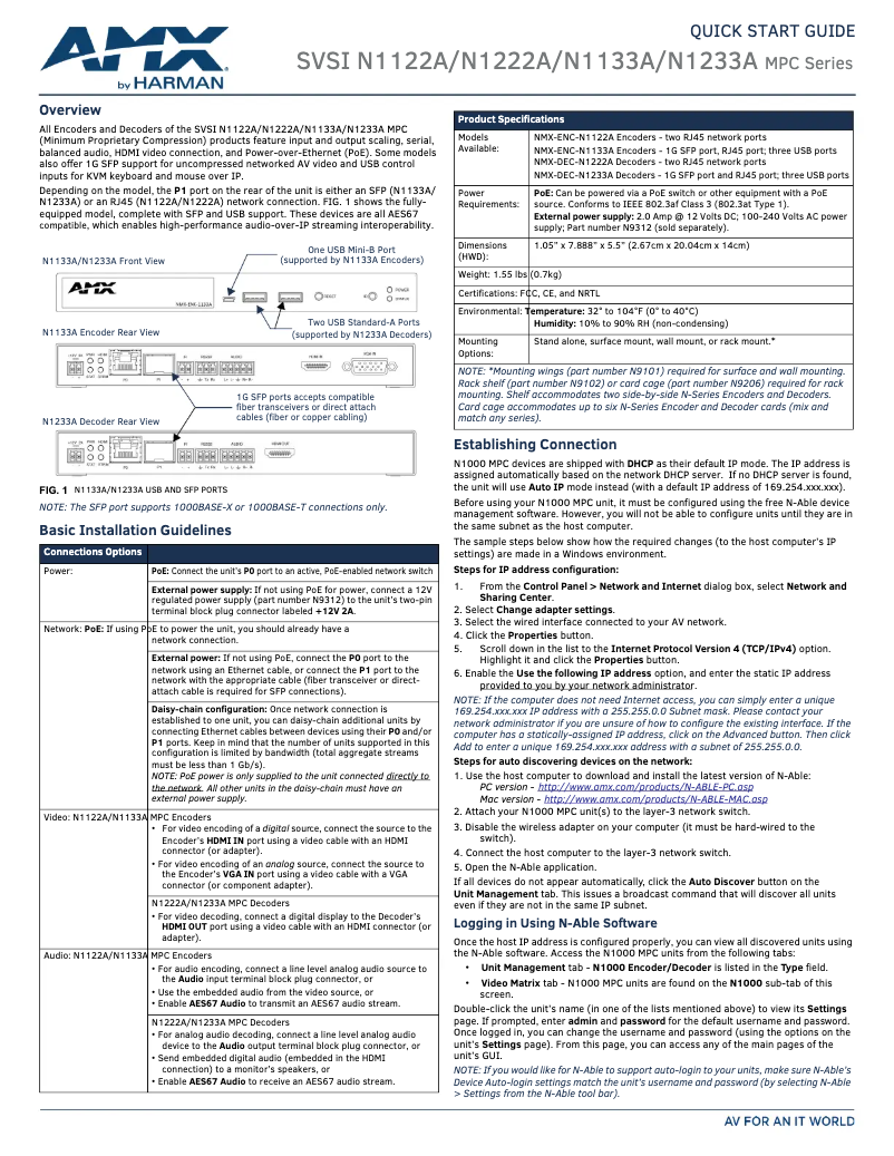 Page 1 de la notice Guide de démarrage rapide AMX NMX-DEC-N1233