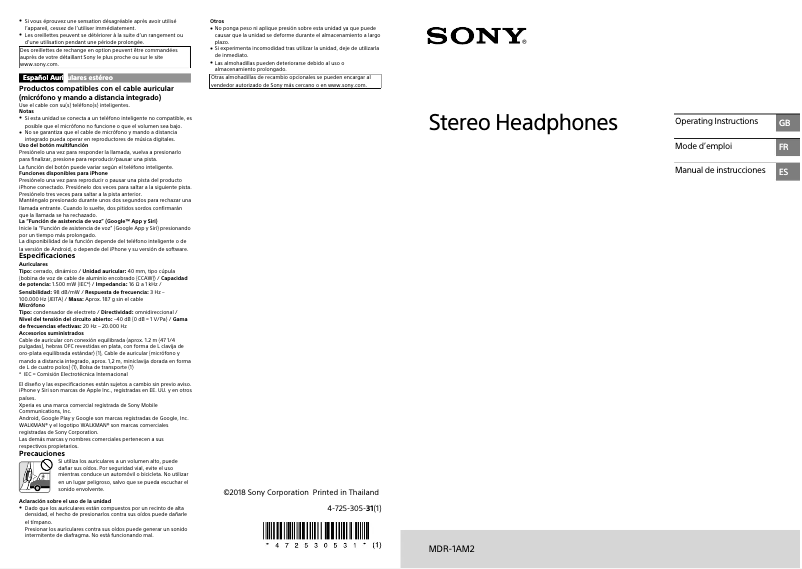 Page 1 de la notice Manuel utilisateur Sony MDR-1AM2