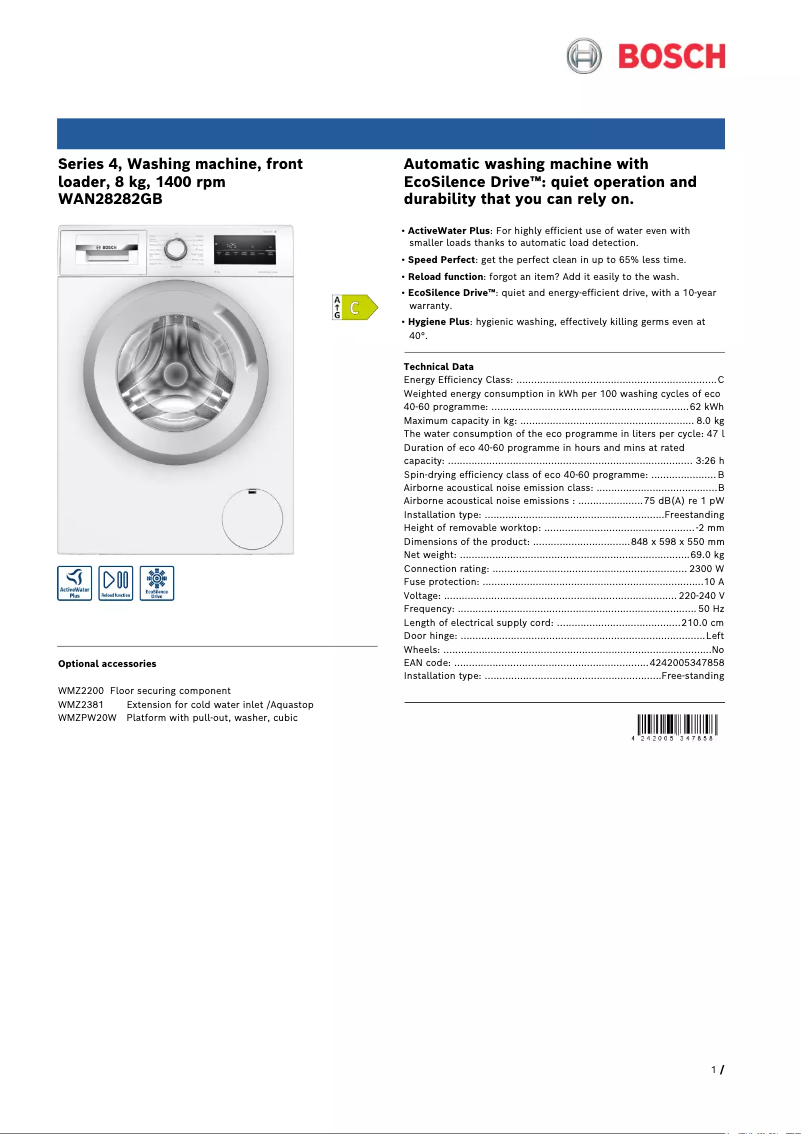 Image de la première page du manuel de l'appareil WAN28250GB