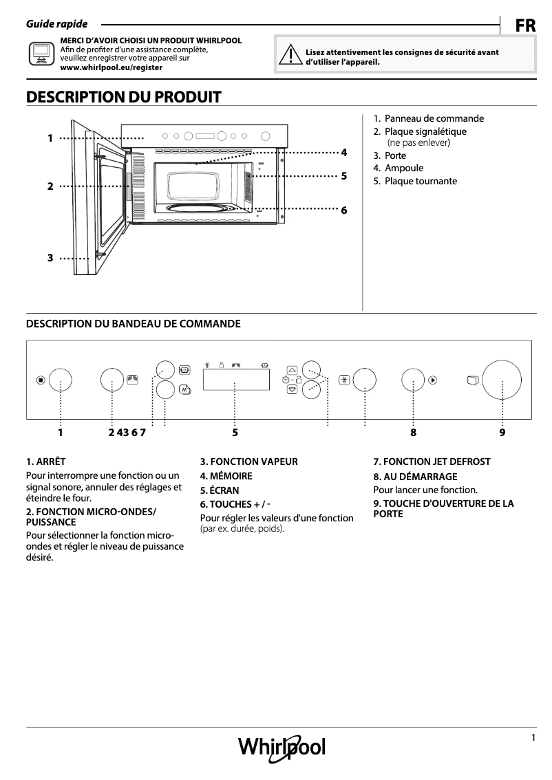Page 1 de la notice Manuel utilisateur Whirlpool AMW 424/IX