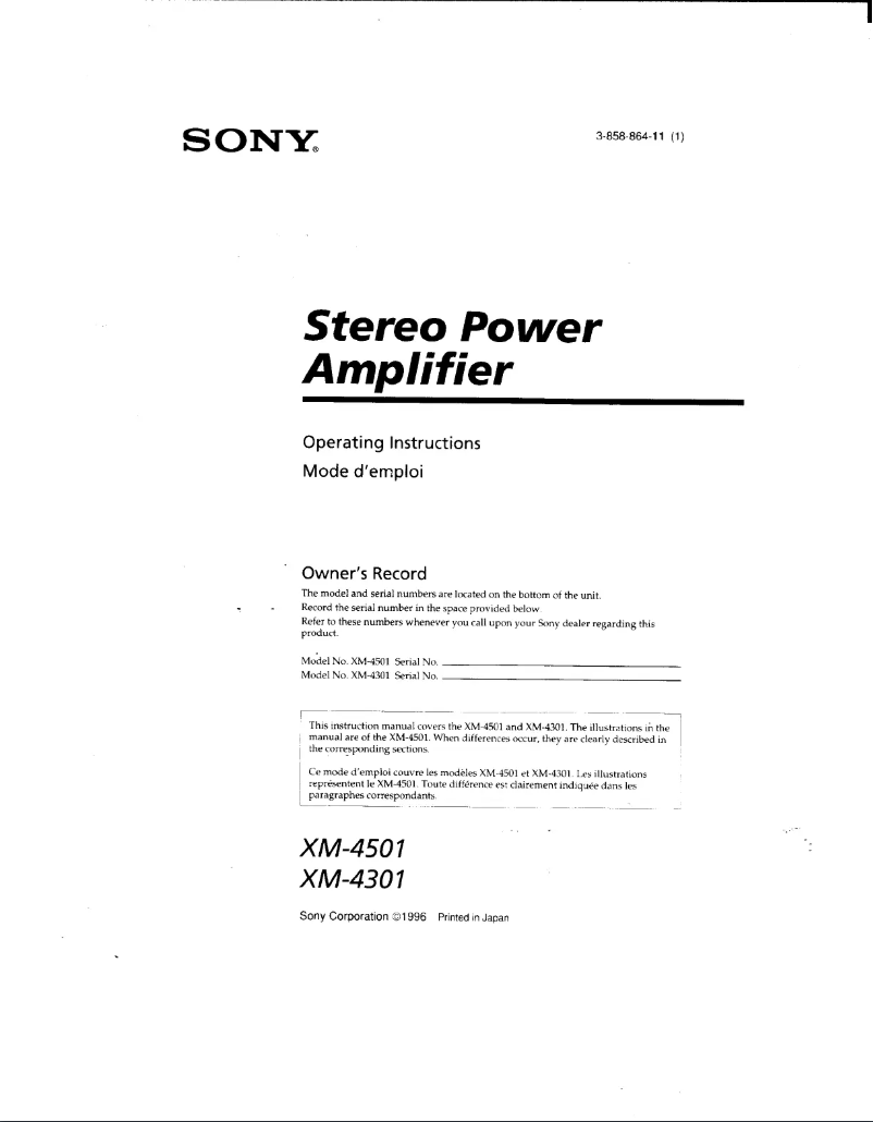 Page 1 de la notice Manuel utilisateur Sony XM-4301