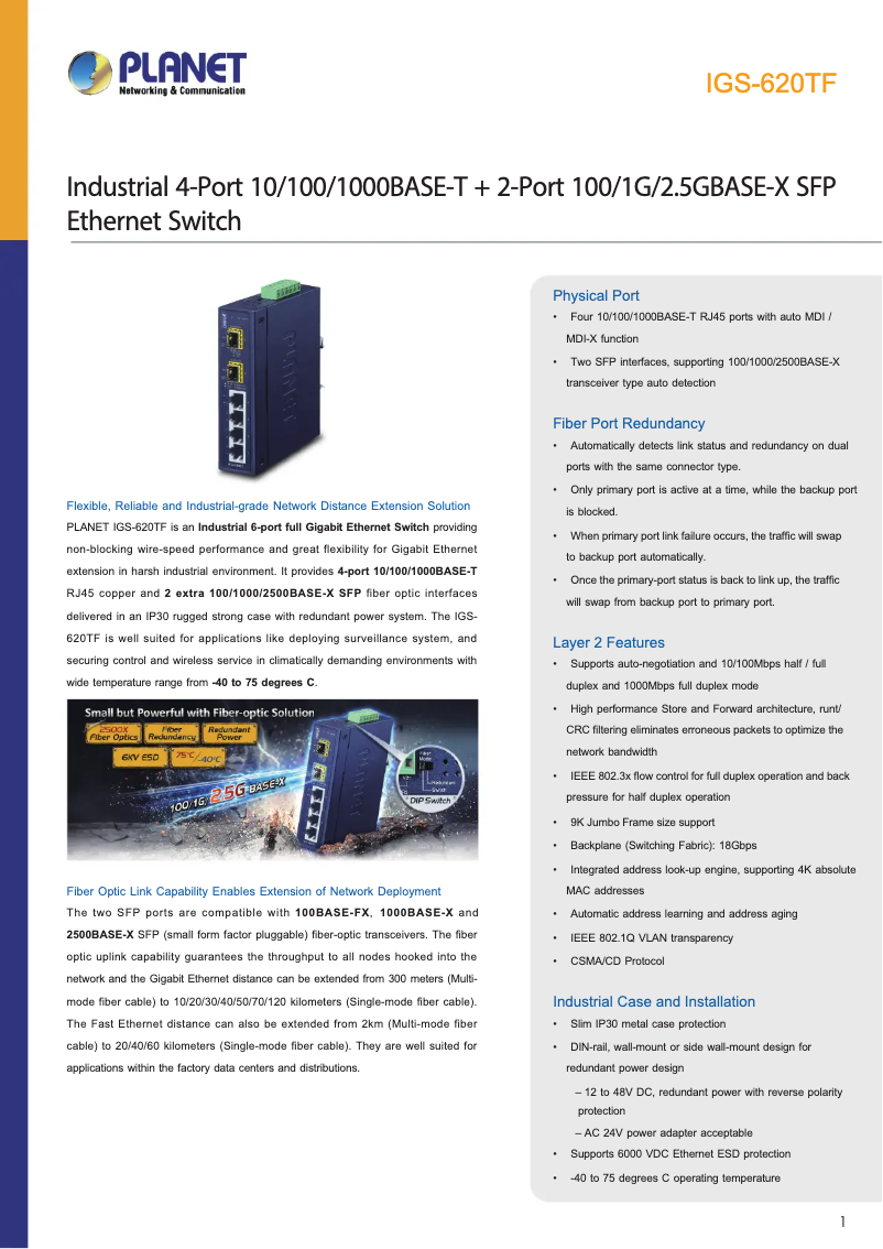 Page 1 de la notice Fiche technique Planet IGS-620TF