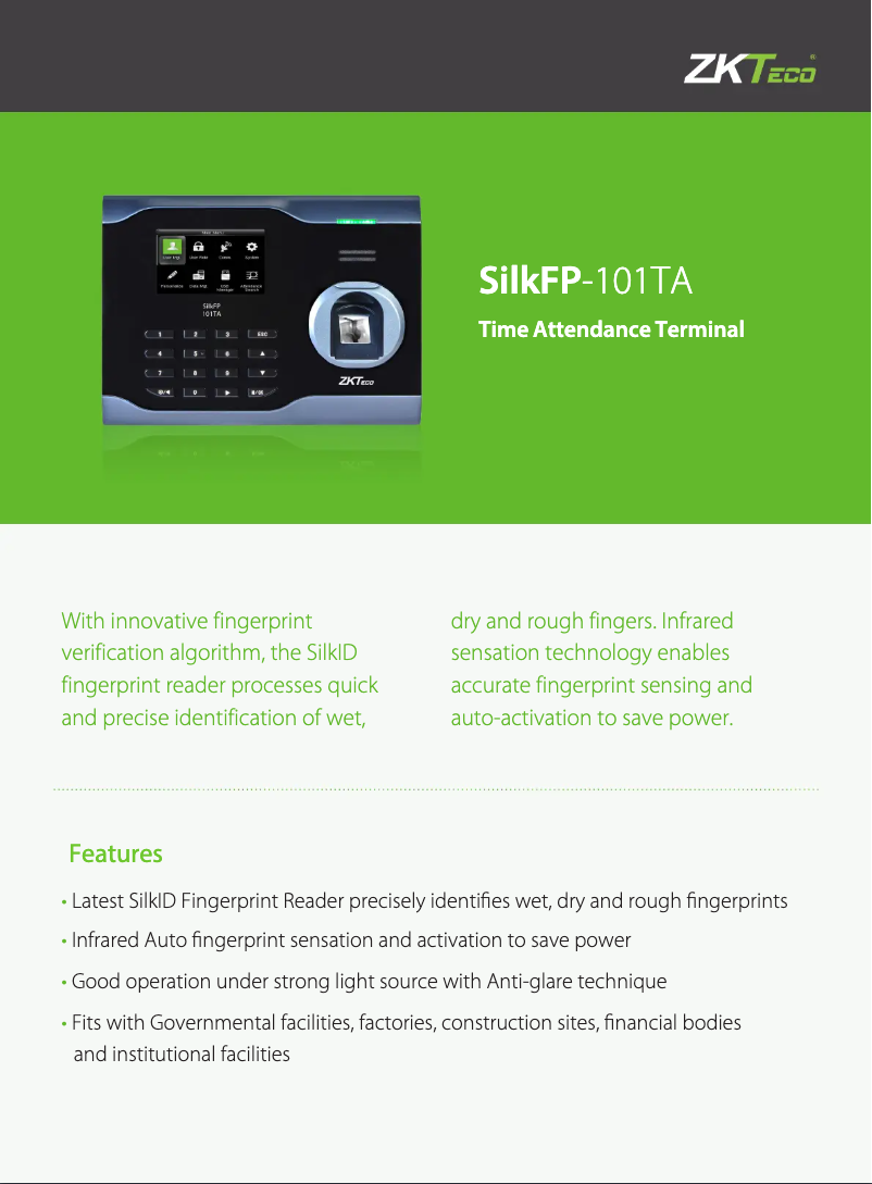 Page 1 de la notice Fiche technique ZKTeco SilkFP-101TA