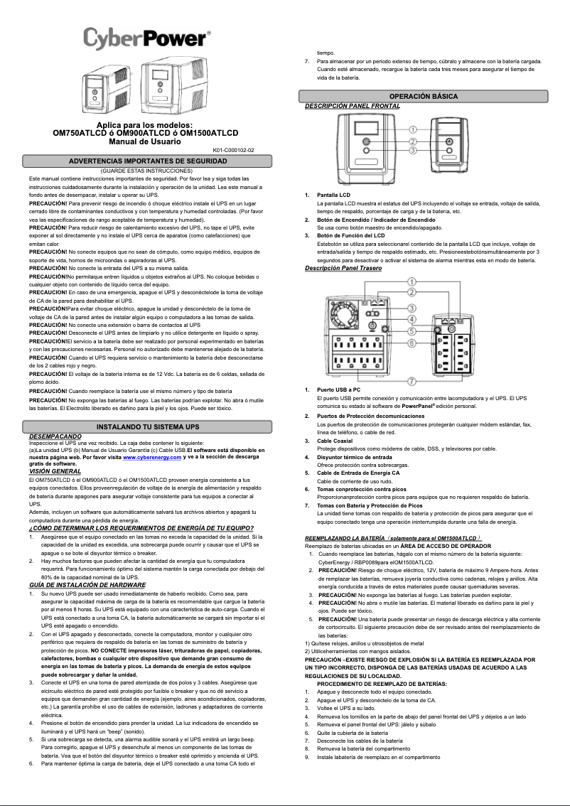 Page 1 de la notice Manuel utilisateur CyberPower OM750ATLCD