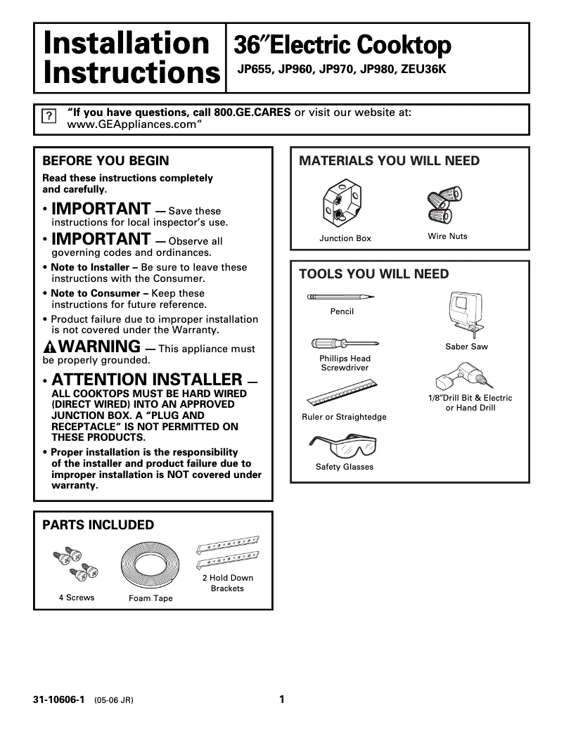 Page 1 de la notice Guide d'installation GE Profile JP970BKBB