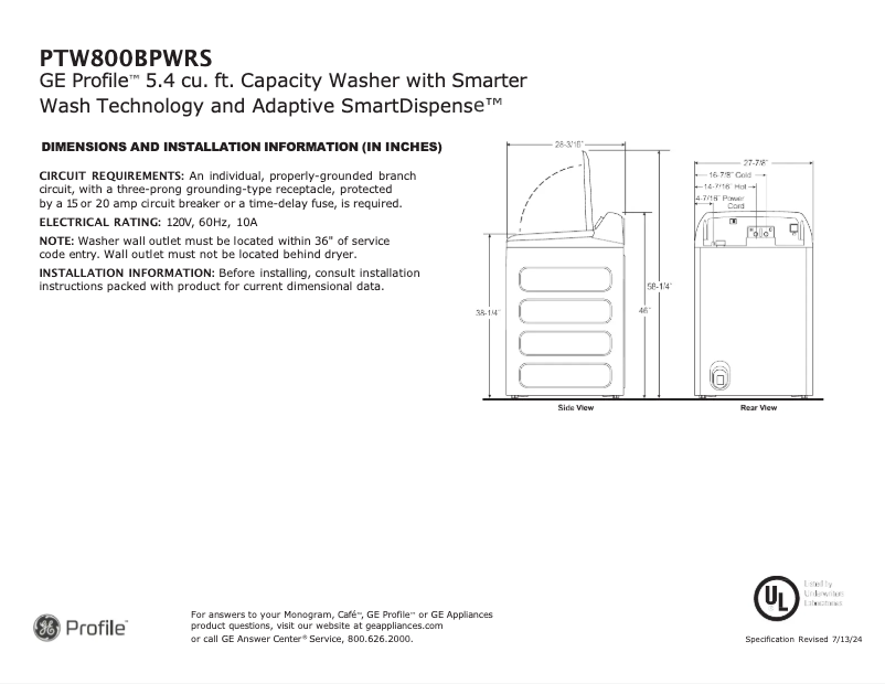 Page 1 of the manual Technical Sheet GE PTW800BPWRS
