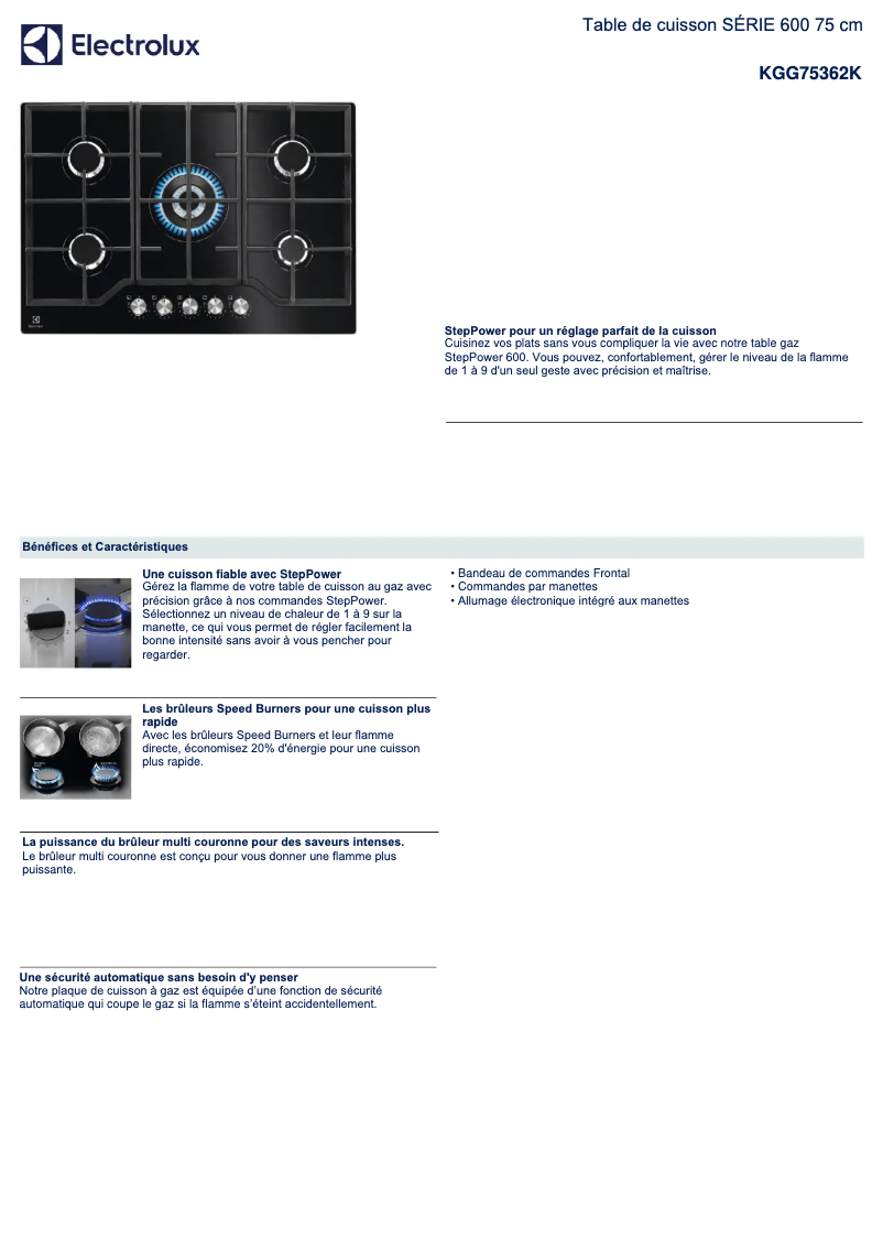 Page 1 de la notice Fiche technique Electrolux KGG75362K