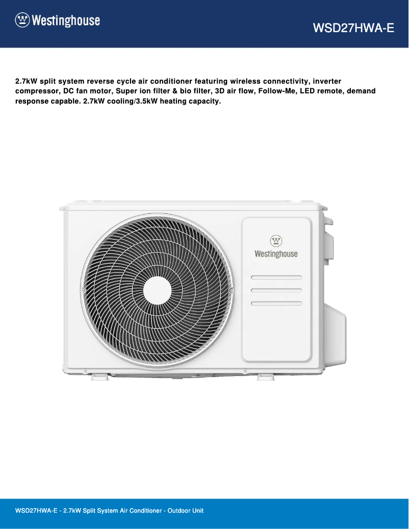 Page n°1 - Fiche technique Westinghouse WSD27HWA-E