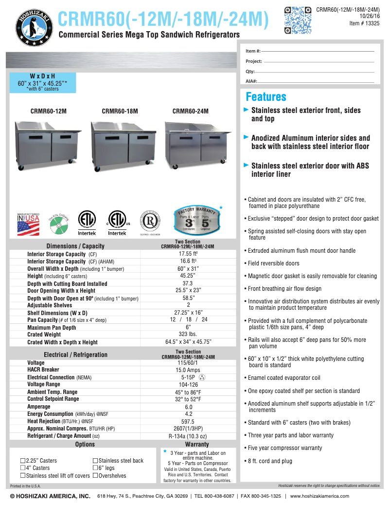 Page 1 de la notice Fiche technique Hoshizaki CRMR60-18M