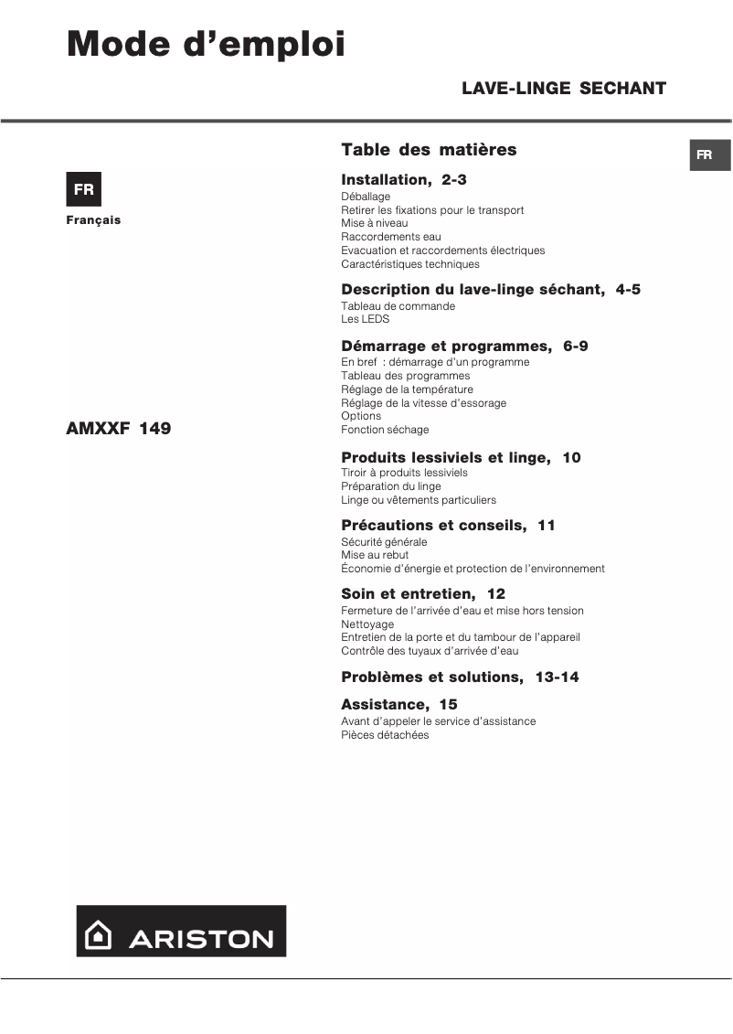 Image de la première page du manuel de l'appareil Amxxf 149 eu