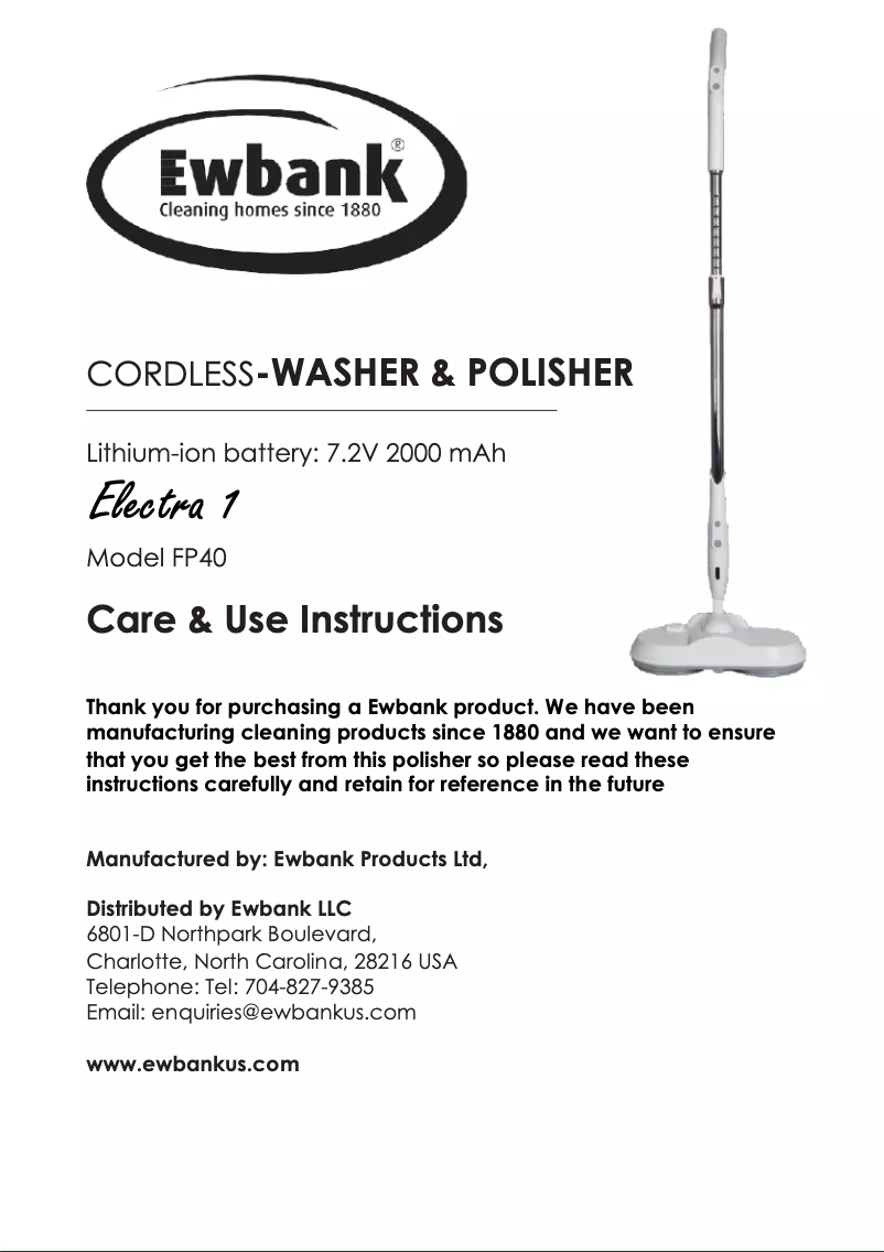 Page n°1 - Manuel utilisateur Ewbank Electra 1  FP40