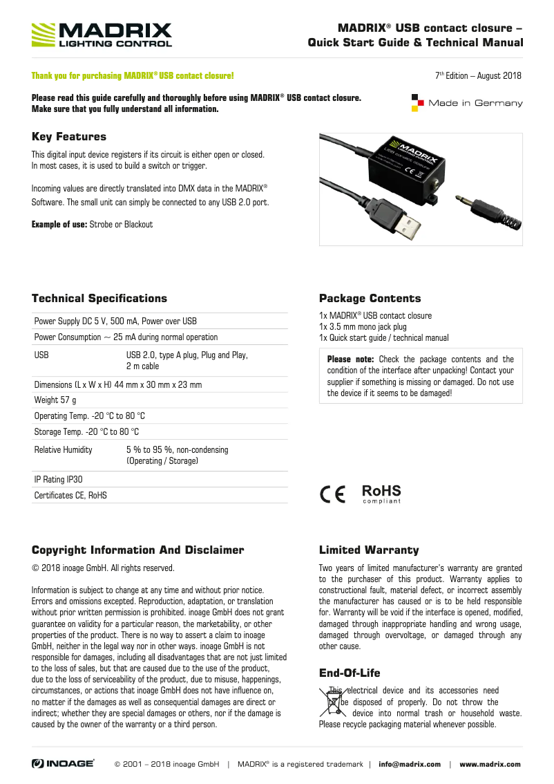 Page n°1 - Manuel utilisateur Madrix USB Contact Closure