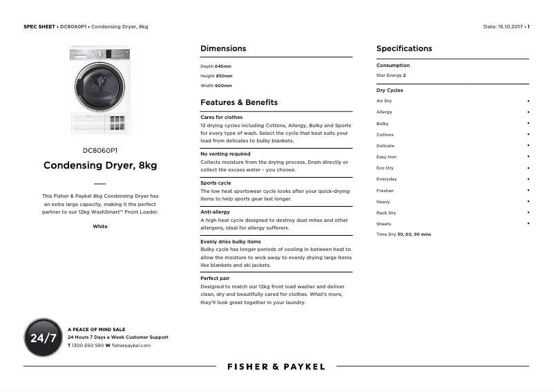 Page 1 de la notice Fiche technique Fisher & Paykel DC8060P1