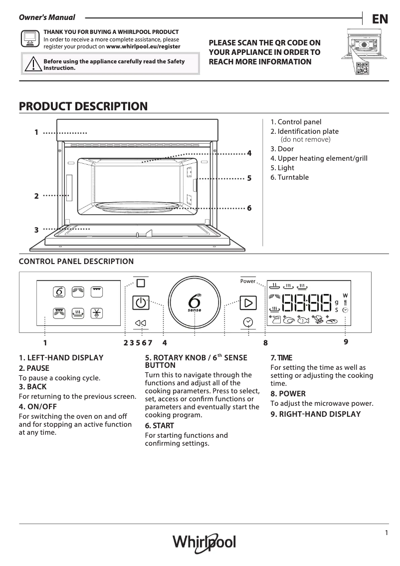 Page 1 de la notice Manuel d'utilisation et d'entretien Whirlpool AMW 731