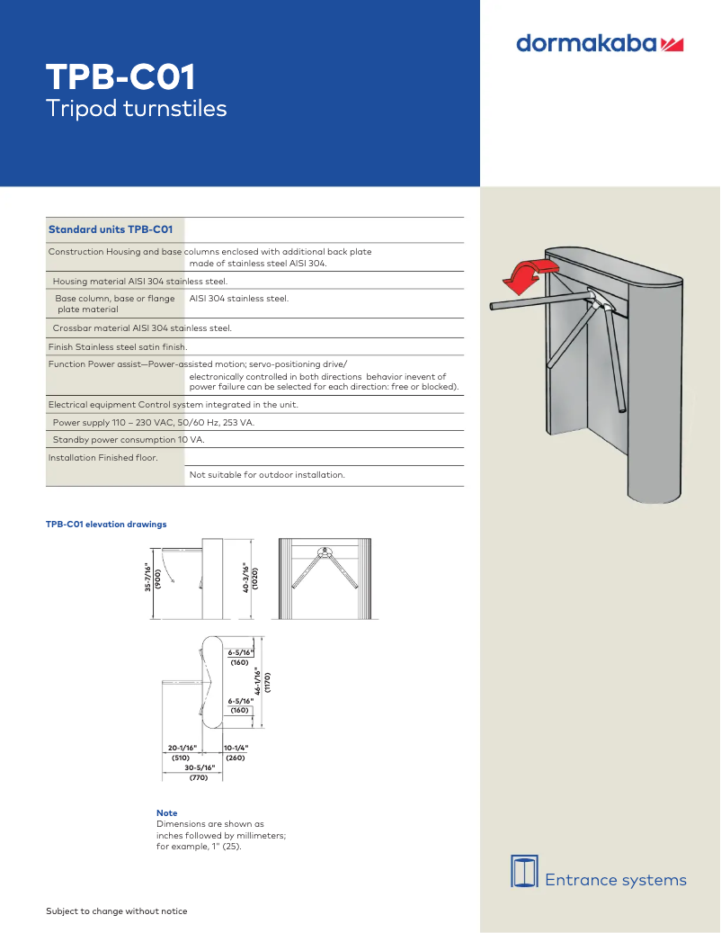 Page 1 de la notice Manuel utilisateur Dormakaba TPB-C01