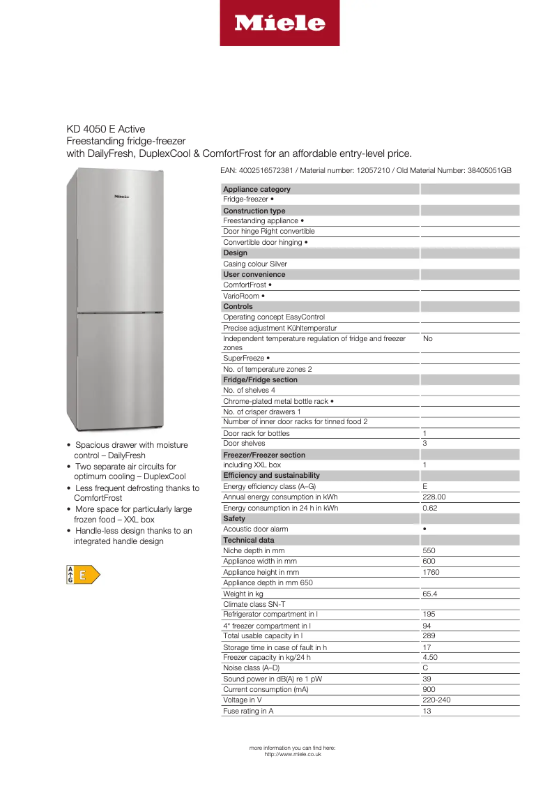 Page 1 de la notice Fiche technique Miele KD 4050 E Active