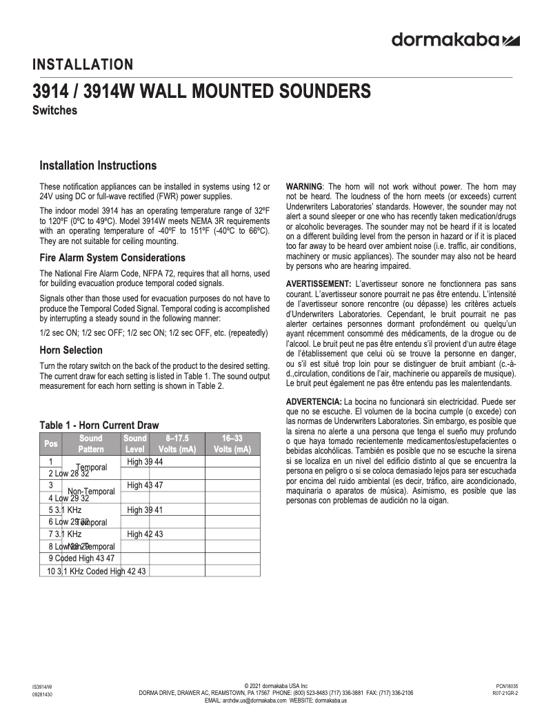 Page 1 de la notice Manuel utilisateur Dormakaba 3914W